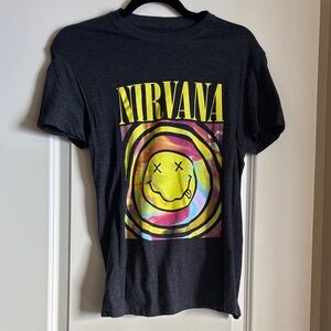 NIRVANA Black Tee with Vibrant Smiley Design